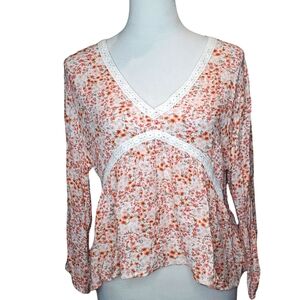 🦋Hippie Rose Lace Trim Empire Waist 100% Rayon Floral Top